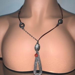 Silpada Sterling Oxidized Teardrop w/ Coral on Leather Necklace